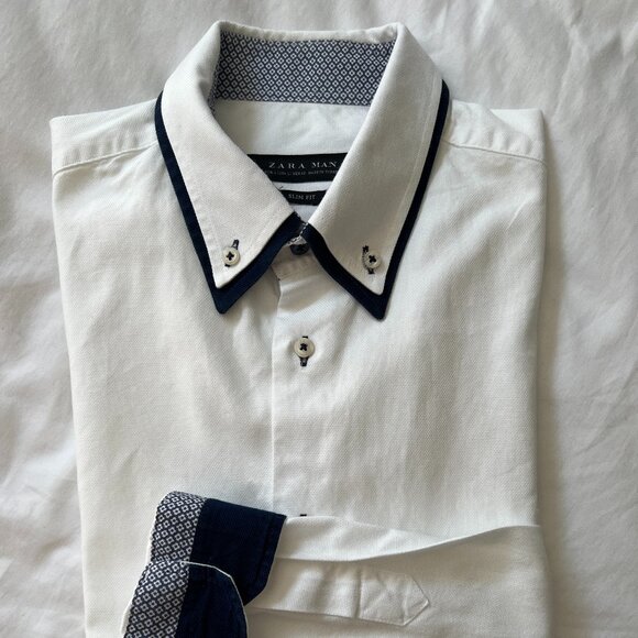 Zara ManTextured White Button Down with Blue Trim Slim Fit L - Picture 1 of 11
